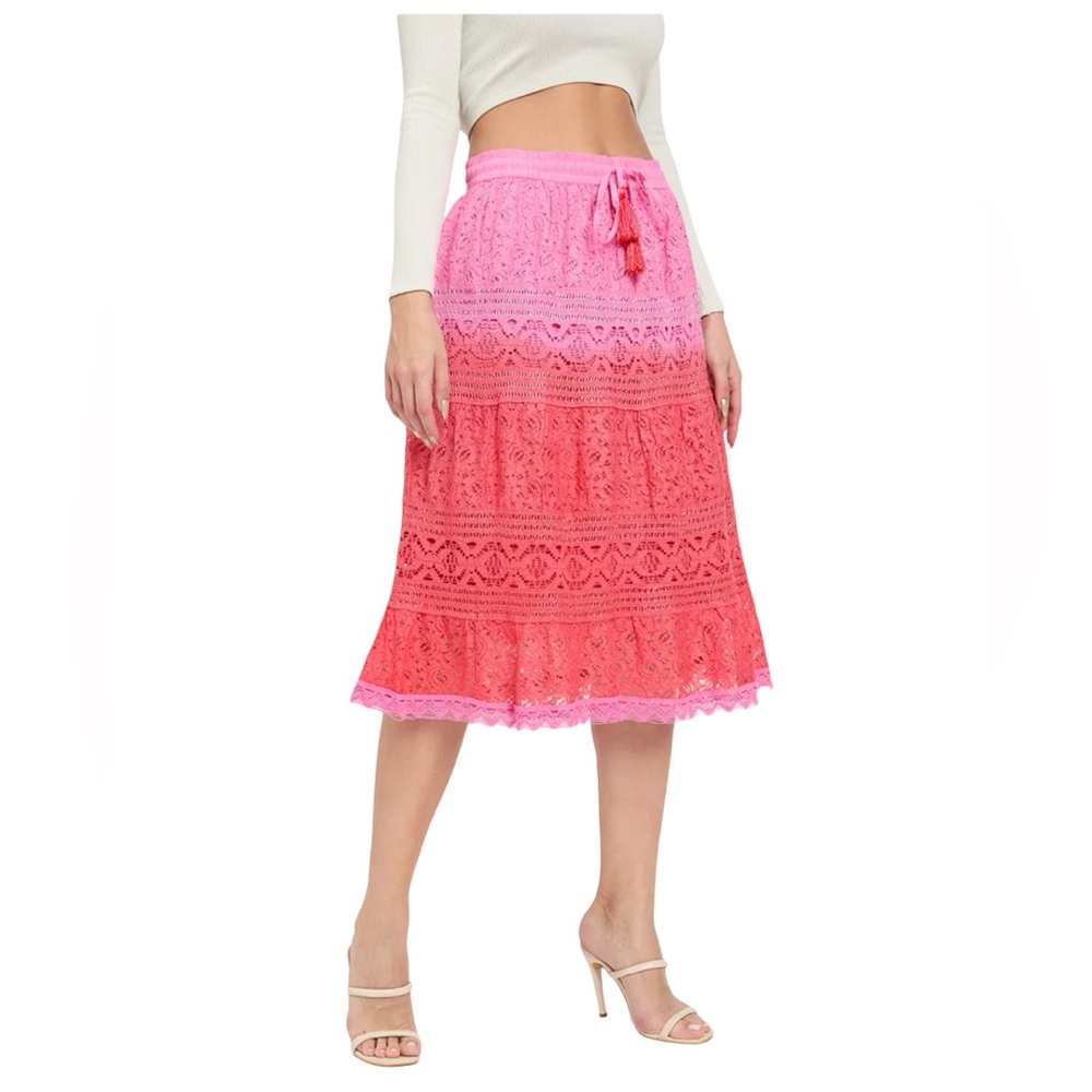 Gypsy Blu | Women’s Pink & Orange Ombre Lace Tiered Midi Skirt | L